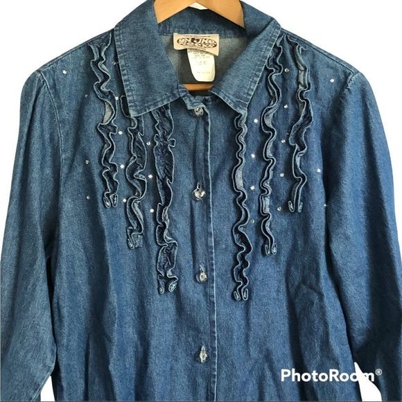 On The Rocks Women Denim Button Up Shirt Fringe Rhinestone Embellishment Size L - Picture 2 of 8